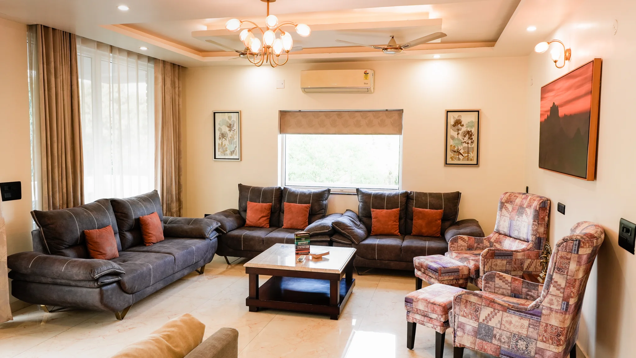 Quiet luxury drawing room setup with high-speed internet at our workation homestay in Dehradun